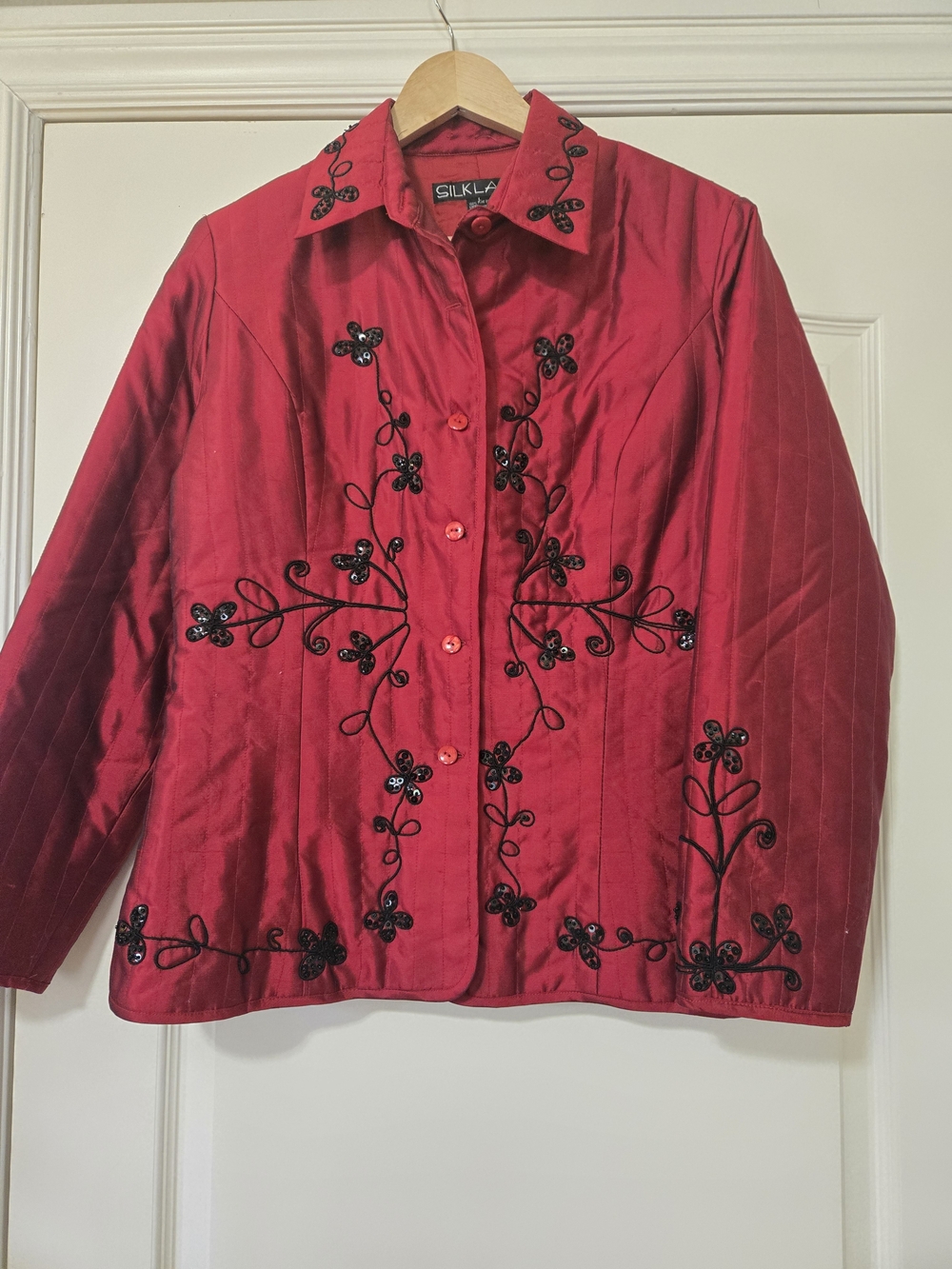 SilkLand Deep Red Silk Button-Up Jacket